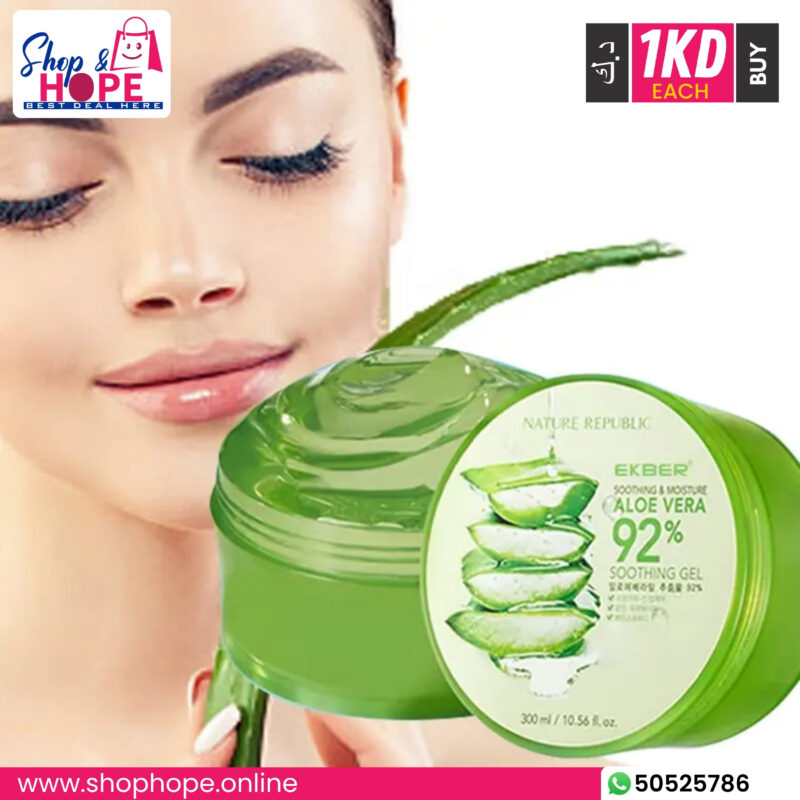 Aloe Vera 92% Soothing Gel in a green tub for intense hydration, calming, and cooling use (face, body, hair)
