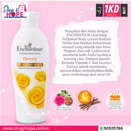 Enchanteur Charming Radiant White body lotion, yellow roses, Vitamin C, licorice extract