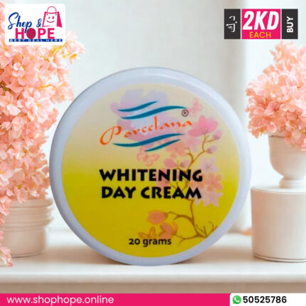 Porcelana Whitening Day Cream 20g jar with floral packaging, skin lightening and UV protection​​.