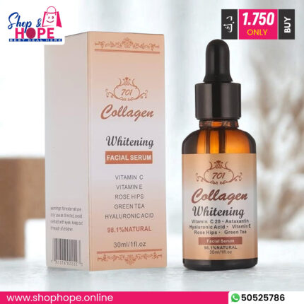 701 Collagen Whitening Facial Serum 30ml bottle and box with vitamin C, E, rose hips, green tea, hyaluronic acid, anti-aging benefits