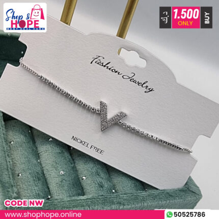 V letter rhinestone bracelet, nickel free adjustable chain, fashion jewelry gift