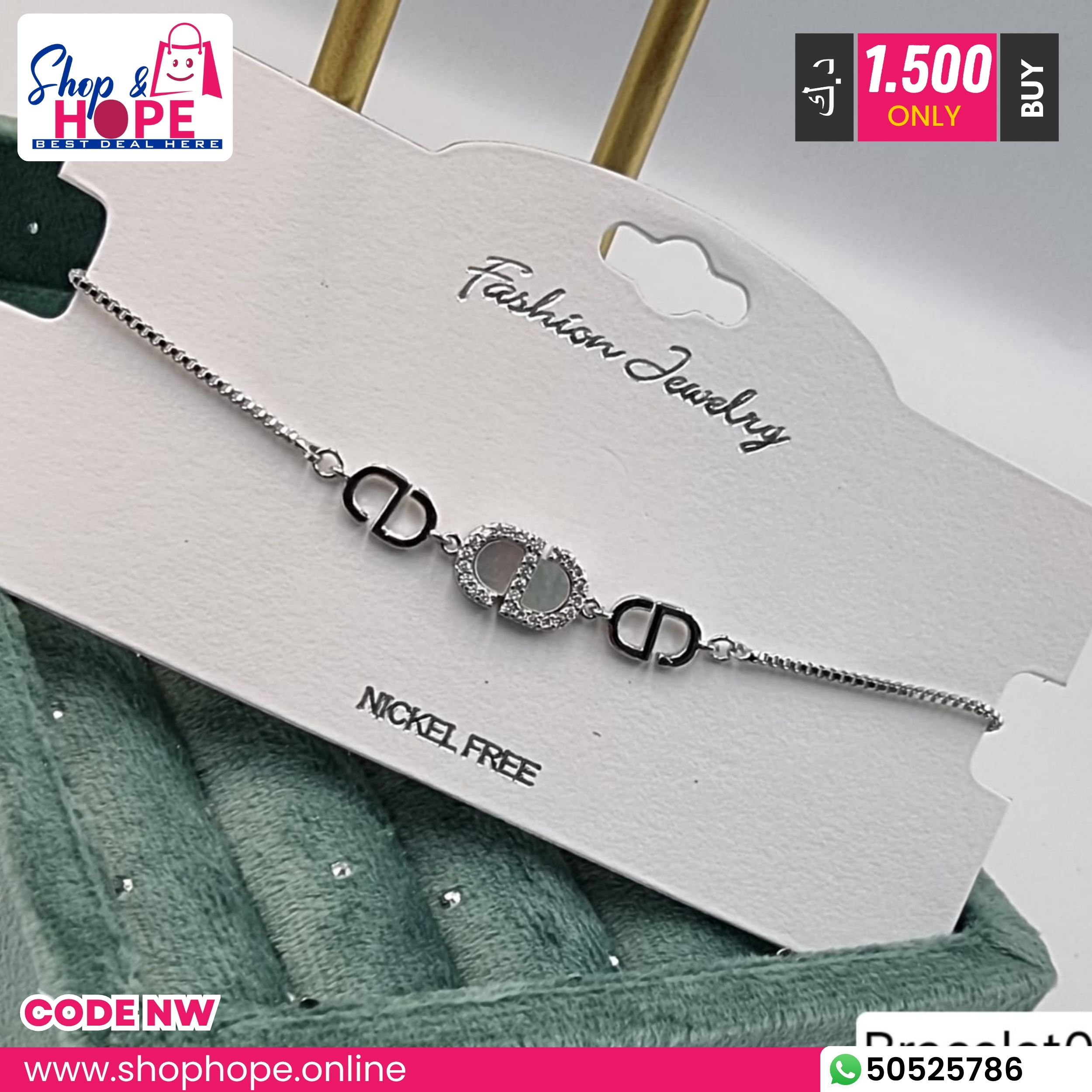 328CD Logo Rhinestone Bracelet – Nickel Free, Hypoallergenic, Fashion Jewelry CD logo rhinestone fashion bracelet, crystal center, nickel free silver adjustable