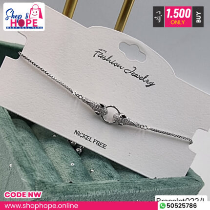 Panther head crystal silver bracelet, animal motif, rhinestone center, adjustable chain