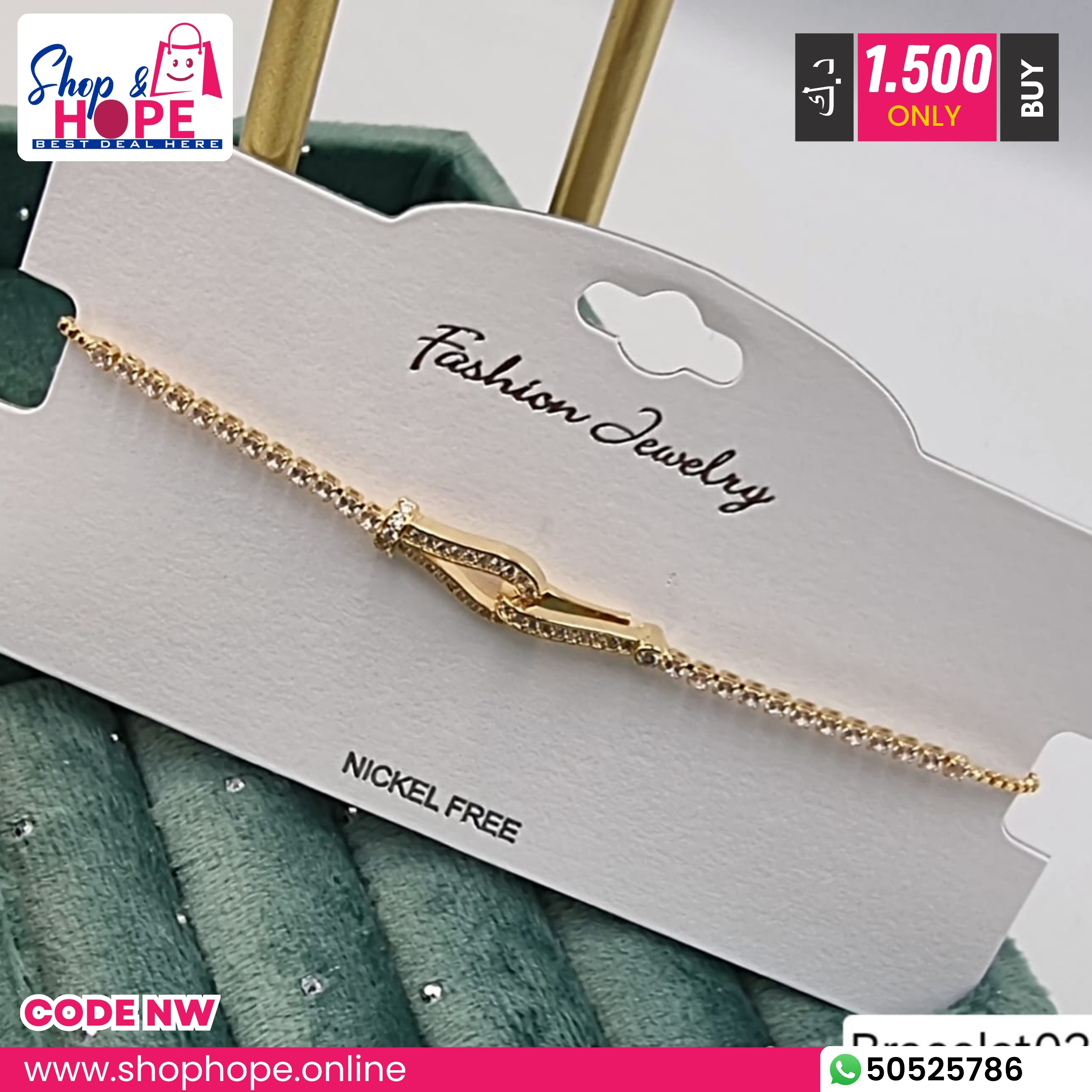 340Gold U Hook Motif Crystal Bracelet – Nickel Free, Adjustable Modern Jewelry Gold U hook motif crystal charm bracelet for women, nickel free