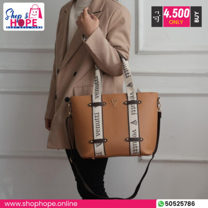 Venutti tan vegan leather structured tote bag with branded white straps and crossbody sling for work and daily use