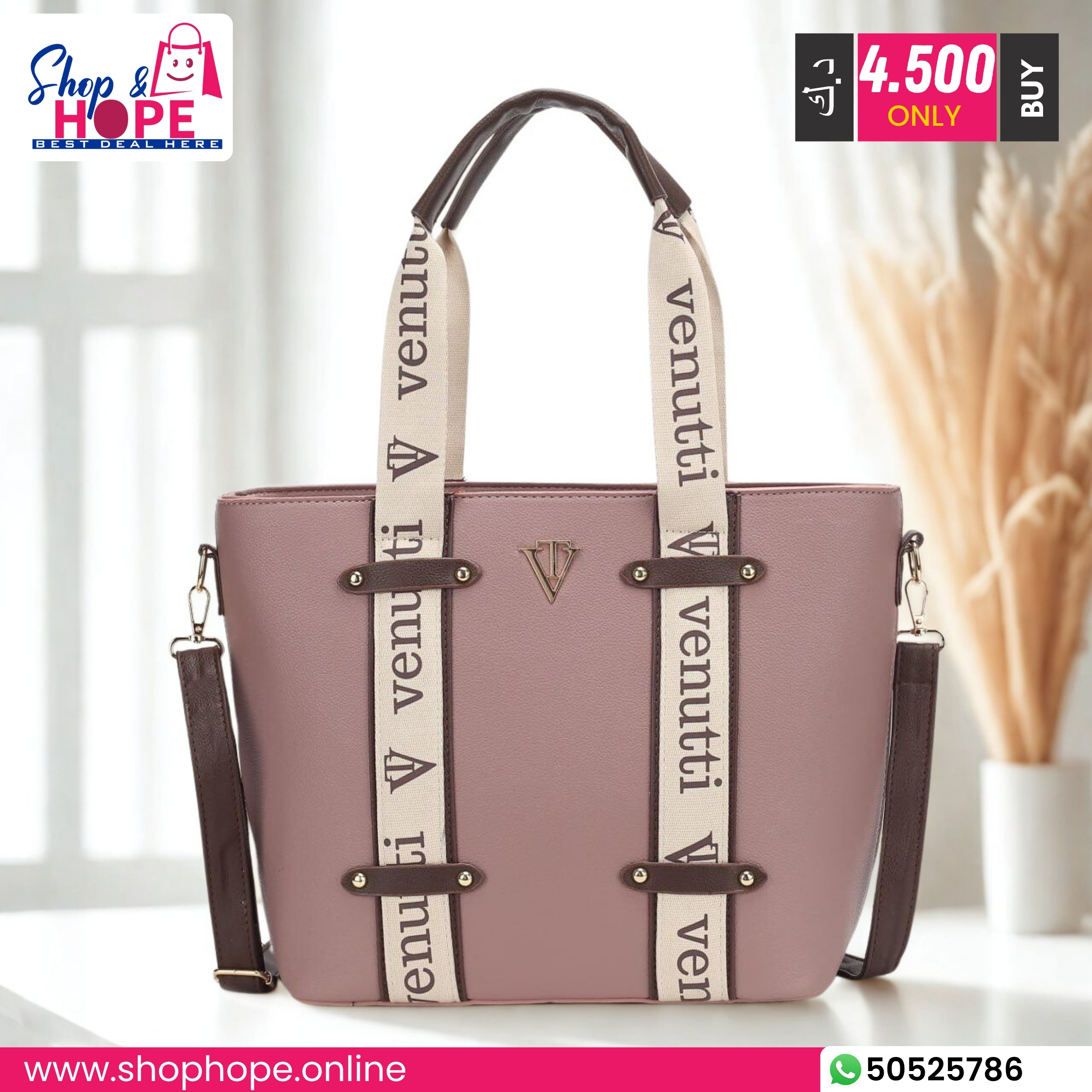 Venutti Mauve Vegan Leather Tote Bag for Women (Spacious, Stylish, Eco-Friendly)344 Venutti mauve vegan leather tote bag with branded straps and detachable crossbody handle