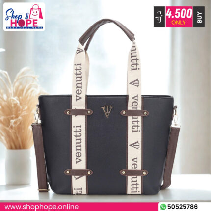 Venutti black vegan leather tote bag with bold branded straps and adjustable crossbody handle