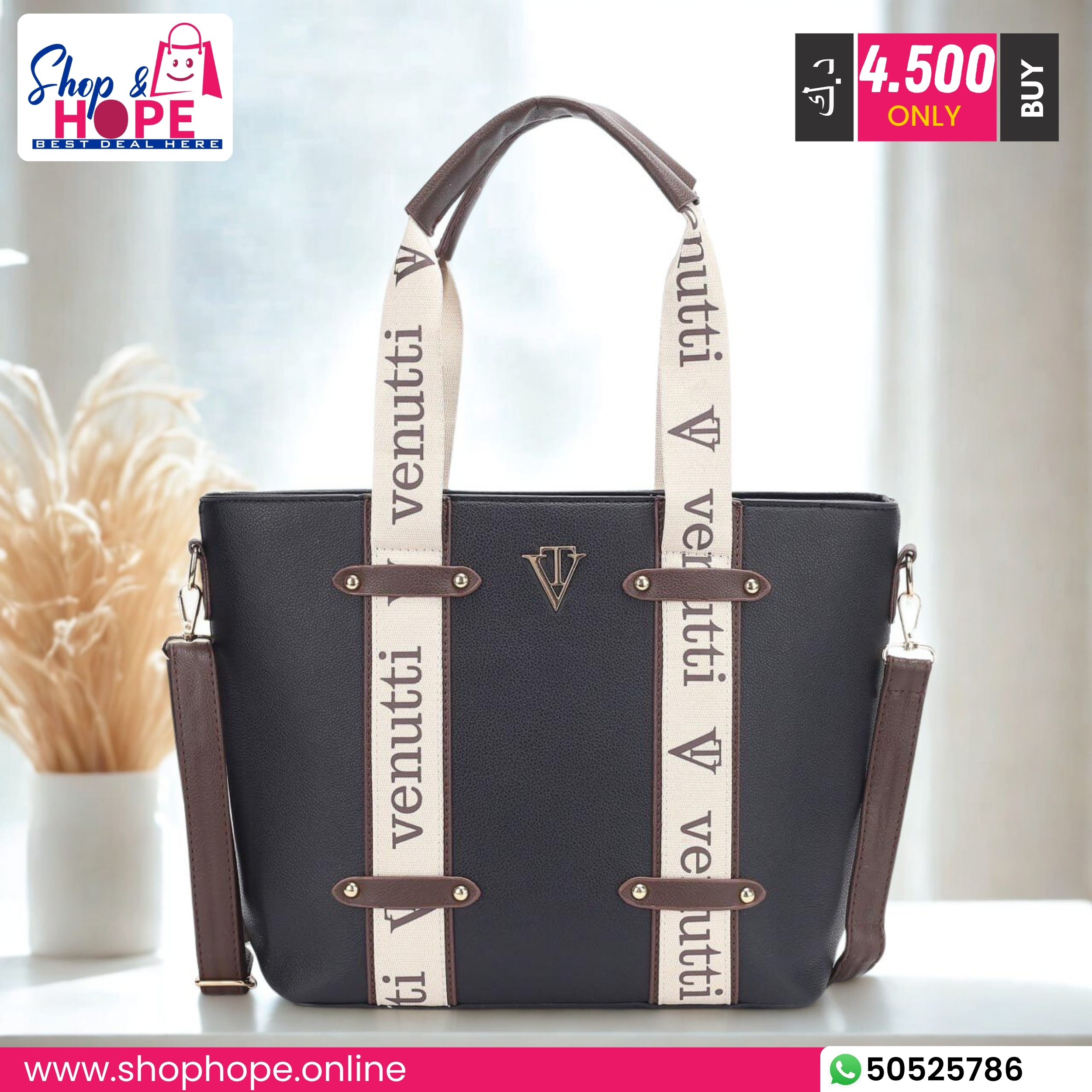 345Venutti Black Vegan Leather Tote Bag for Women (Chic, Spacious, Sustainable) Venutti black vegan leather tote bag with bold branded straps and adjustable crossbody handle