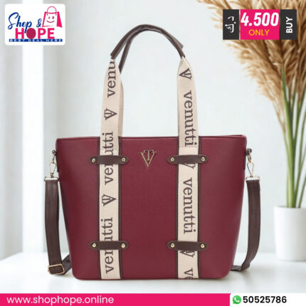 Venutti maroon vegan leather tote bag with signature straps and detachable crossbody strap