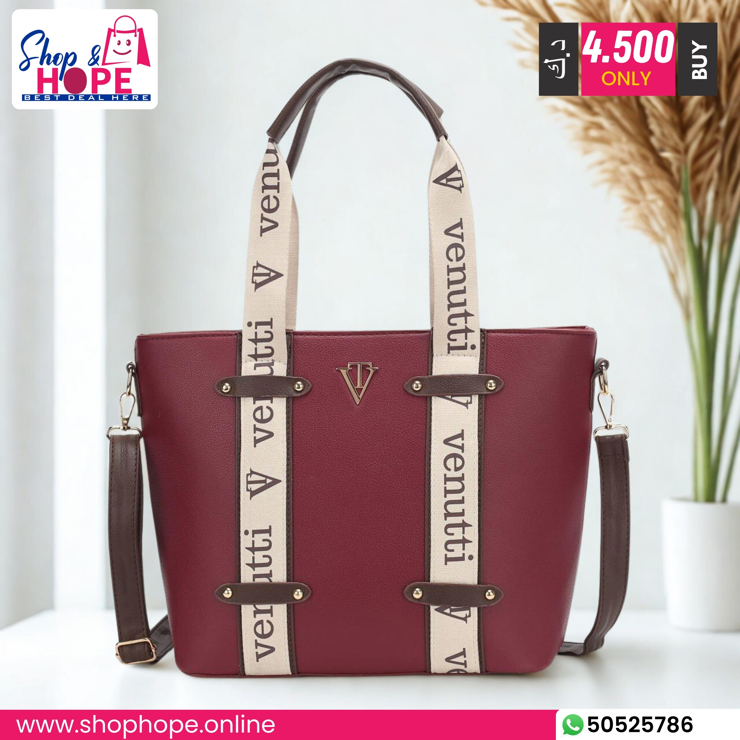 346Venutti Maroon Vegan Leather Tote Bag for Women (Spacious, Stylish, Eco-Friendly) Venutti maroon vegan leather tote bag with signature straps and detachable crossbody strap