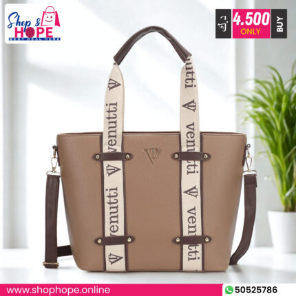 Venutti beige vegan leather tote bag with signature branded straps and adjustable crossbody handle