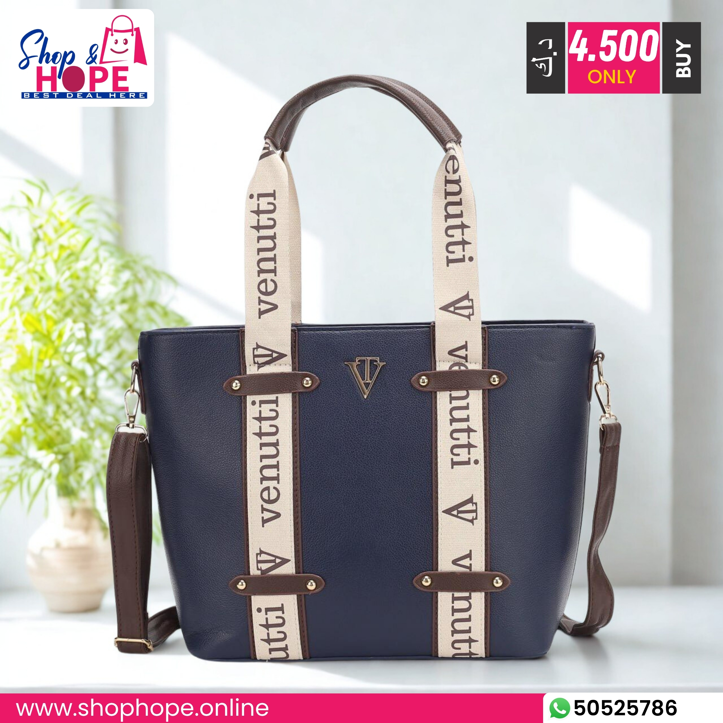 349Venutti Navy Blue Vegan Leather Tote Bag for Women (Chic, Spacious, Sustainable) Venutti navy blue vegan leather tote bag with signature branded straps and detachable crossbody handle