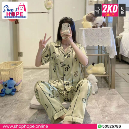 Luxury black satin chain print women’s night suit set with short sleeve shirt and matching pants