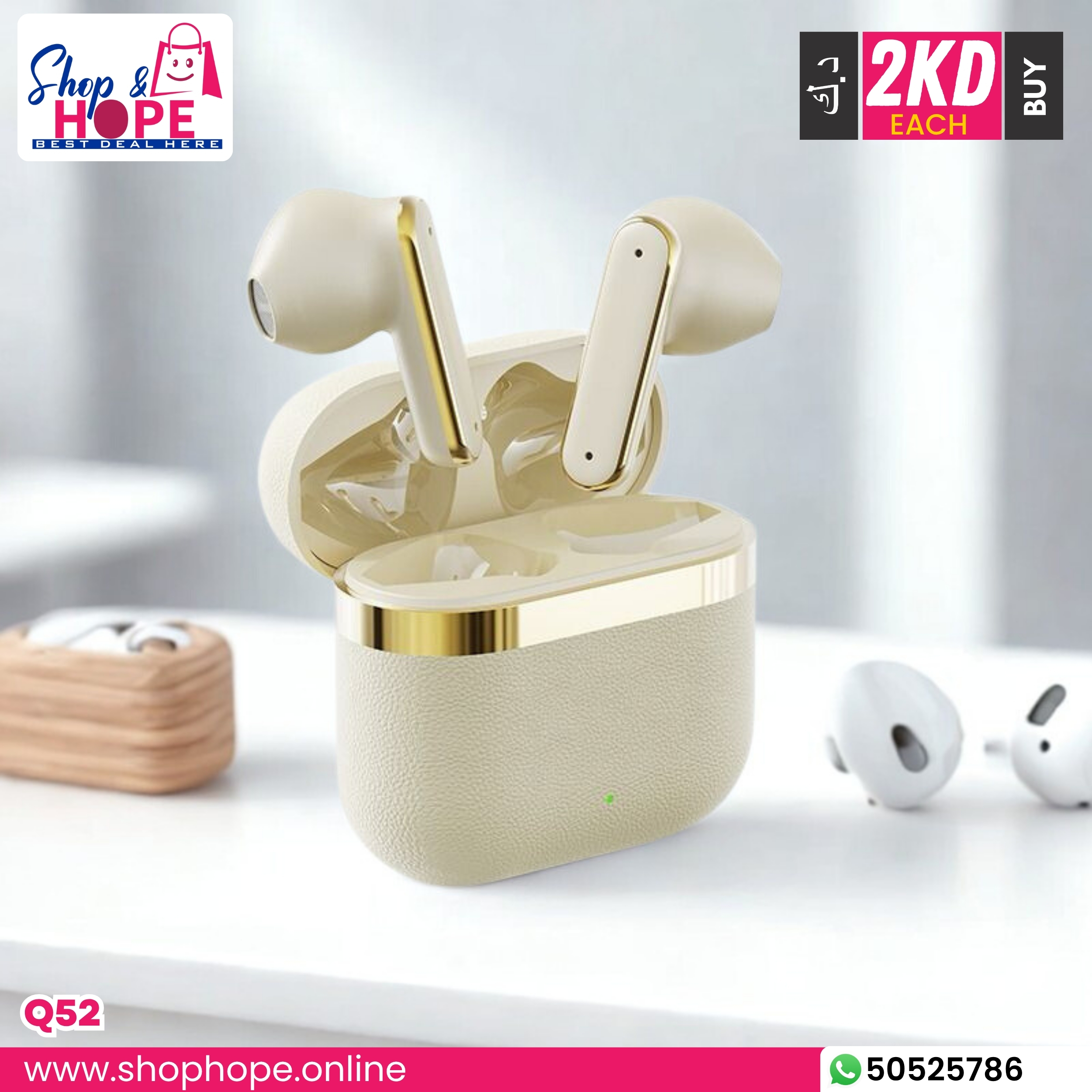 358Q52 Luxury Beige-Gold TWS Wireless Earbuds (Bluetooth 5.3, Premium Sound) Q52 luxury beige-gold TWS wireless earbuds in charging case, premium metallic design