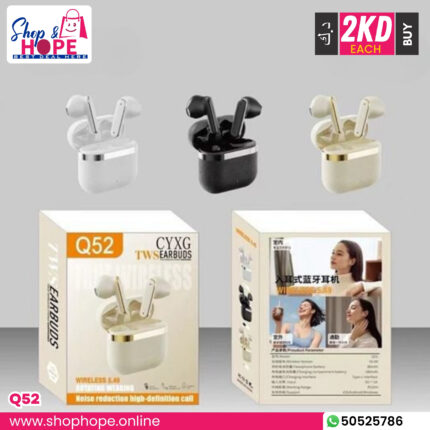 Q52 CYXG TWS wireless earbuds in white, black, beige with rotating charging case and retail packaging