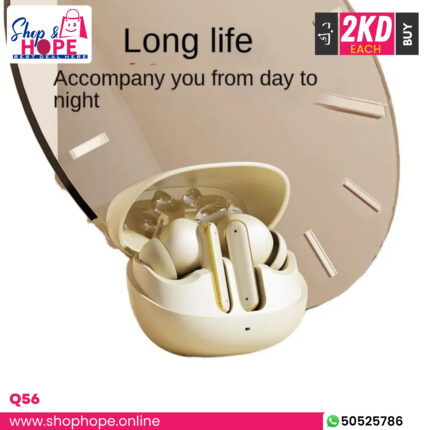 Q56 beige-gold TWS earbuds with long battery life—compact charging case, ergonomic design