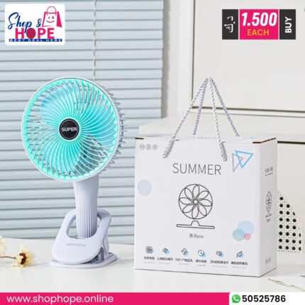 Summer Pro rechargeable clip-on fan with blue blades, USB charging, and boxed package for summer cooling