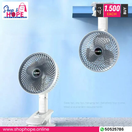 Multifunction 4-in-1 rechargeable clip/desk fan in white with quiet motor and 360 rotation